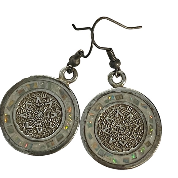 Vintage Sterling Silver & Opal Inlay Aztec Sun Calendar Earrings Made in Mexico - Picture 3 of 11